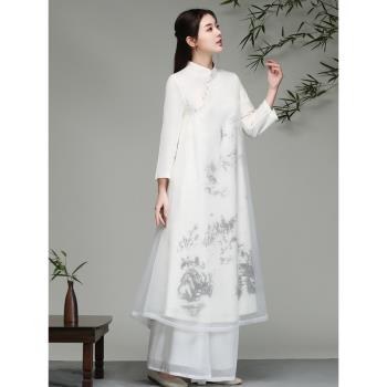 春秋季大碼長裙中國風禪服大擺裙文藝寬松休閑長袖茶服禪舞連衣裙