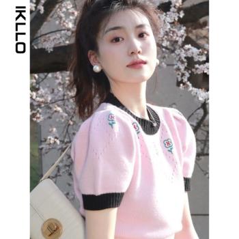 夏季2023新款溫柔風獨特短款粉色針織衫短袖t恤女上衣設計感小眾