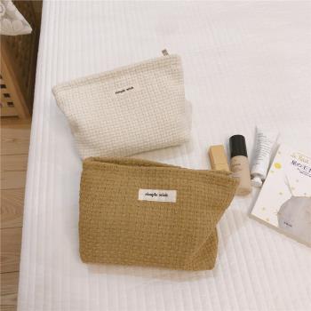 日系文藝簡約粗紡編織化妝包小號純色補妝袋內膽包雜物整理收納袋