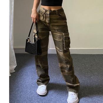 Military slim straight denim trousers womens camoufla pants