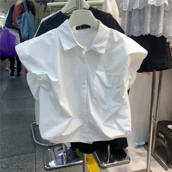 韓國東大門2024夏季新款時尚簡約百搭Polo領飛飛袖純色襯衫女上衣