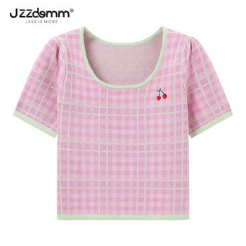 九州誠品/JZZDEMM櫻桃刺繡粉色格紋甜美修身針織短袖女小個子上衣