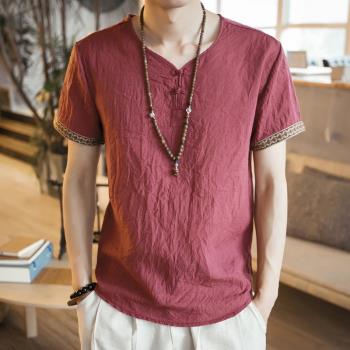 中國風亞麻短袖T恤男復古青年唐裝夏季超薄寬松盤扣棉麻半袖上衣