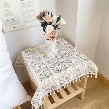 ins奶油風鏤空蕾絲桌布小圓桌方桌裝飾布正方形臥室床頭柜蓋布