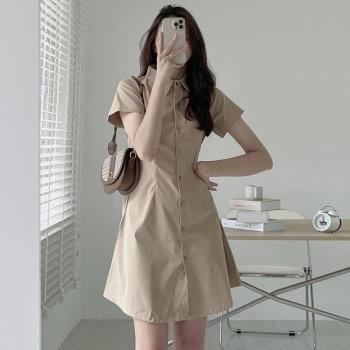 韓國chic夏季簡約氣質翻領單排扣收腰顯瘦短袖襯衫式小個子連衣裙