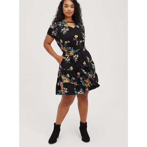 200斤大碼女裝印花T恤短袖上衣V領黑色復古碎花彈力歐美單外貿夏