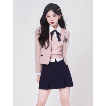 韓式西裝學院風套裝校服女 短款小個子西服外套 原創JK制服裙全套