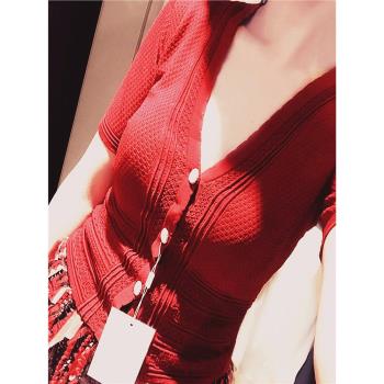 紅色v領冰絲針織短袖開衫女夏季氣質顯瘦洋氣減齡高級感小香上衣