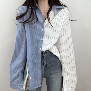 韓國chic春季減齡復古小眾設計感撞色休閑條紋拼接襯衫女上衣潮