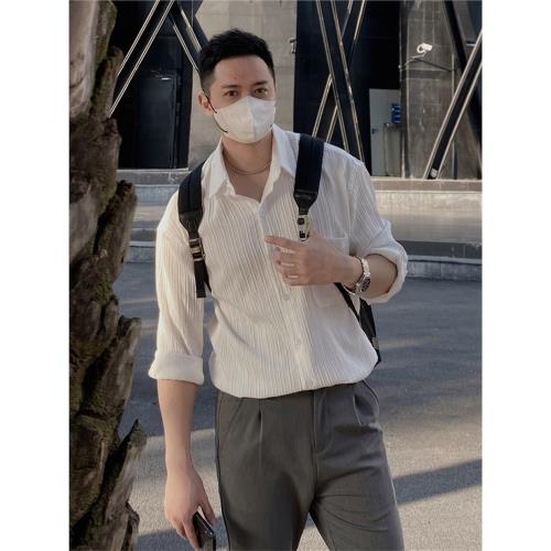 褶皺肌理白色襯衫男長袖潮牌ins韓版寬松文藝休閑透氣襯衣薄外套