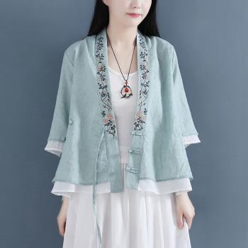 新中式棉麻刺繡七分袖交領襯衫