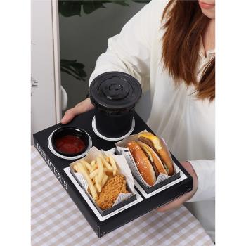 餐盒漢堡三明治小吃醬飲料杯紅薯ins餐廳咖啡廳黑色內嵌式紙托盤