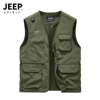 Jeep吉普馬甲男士秋季戶外釣魚運動背心工裝休閑坎肩無袖外套男裝