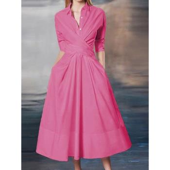 歐美名媛2023夏季新款玫粉氣質中長裙小眾設計高級感襯衫連衣裙子