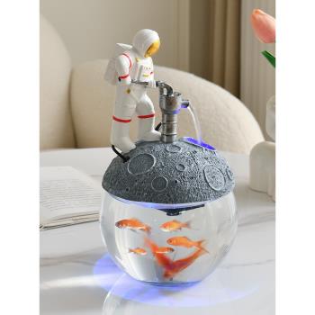 創意月球太空人循環流水噴泉魚缸家居裝飾客廳禮品辦公桌面小擺件