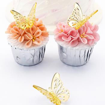 立體蝴蝶裝飾套裝 金色蝴蝶亞克力烘焙擺件 生日蛋糕甜品臺裝扮