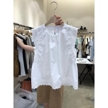 白色鏤空花邊無袖襯衫女設計感小眾韓國東大門2023夏季新款上衣潮