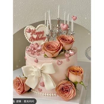 網紅燭臺蛋糕裝飾擺件愛心珍珠生日快樂插件仿真玫瑰花520情人節
