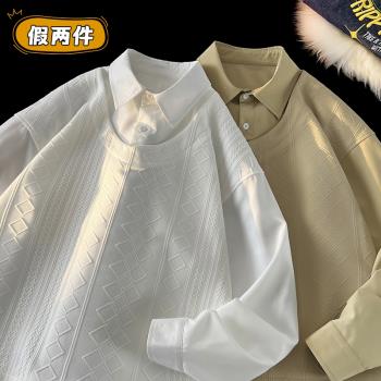 假兩件襯衫領衛衣男秋季2023年新款拼接設計感小眾情侶裝大碼外套