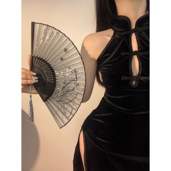中國風黑色水墨畫旗袍扇子隨身夏天古風中式流蘇折扇便攜漢服竹扇