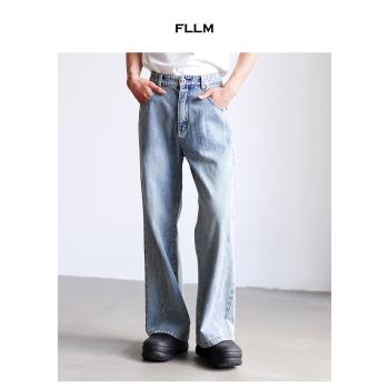 fllm 復古做舊水洗前后壓線分割口袋設計時髦微喇牛仔長褲