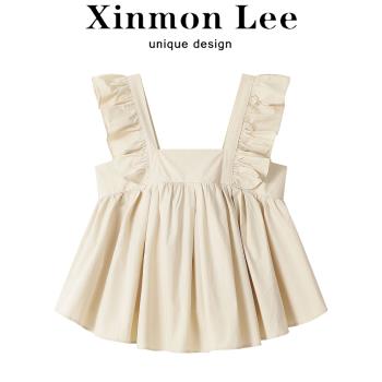 XinmonLee法式方領無袖襯衫女夏季氣質別致小飛袖娃娃衫短款上衣