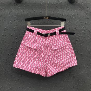 玫粉色牛仔短褲女2024夏季新款原創時尚數字印花高腰A字闊腿熱褲