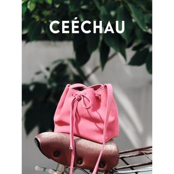 CEECHAU 韓國小眾水桶包磨砂植鞣皮高級單肩斜挎包牛皮大容量女包