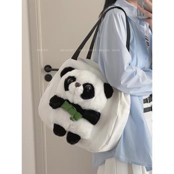 卡通熊貓帆布包包女2023新款夏季單肩腋下包百搭大容量通勤托特包