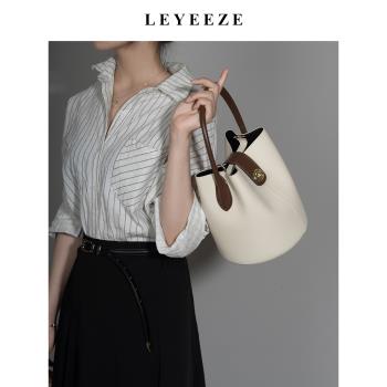LEYEEZE 100分推薦!小眾水桶包女真皮拼色百搭通勤2023單肩手提包