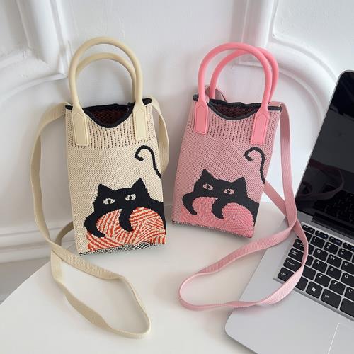 Nikki Haley貓咪手機包女2024新款針織背帶斜挎包卡通可愛手提包