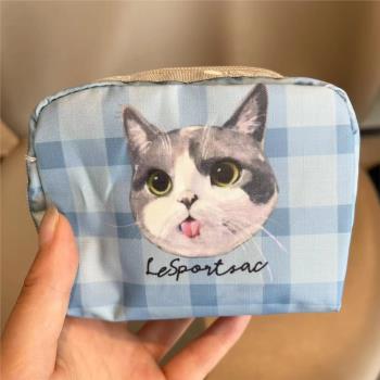 新品藍色卡通貓咪小方包迷你化妝包口紅包大容量護墊收納包6701