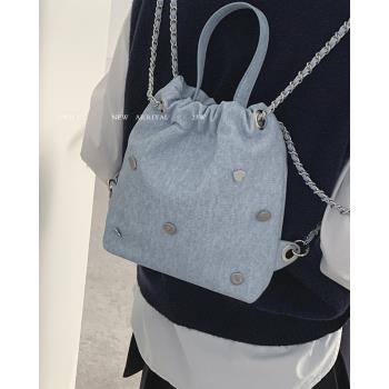 韓國休閑雙肩包包女2023新款時尚牛仔手提水桶包高級感鏈條小背包