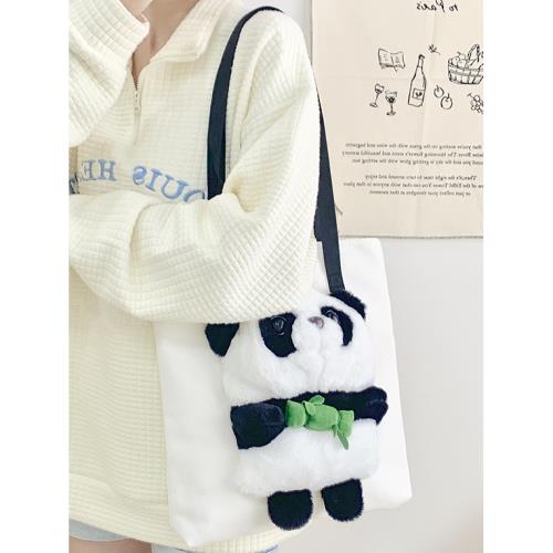 可愛少女卡通熊貓帆布包包2023新款原創森系休閑百搭大容量單肩包