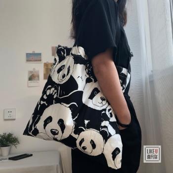 原創小眾設計熊貓款手拎單肩包袋環保購物袋韓版女文藝范帆布包