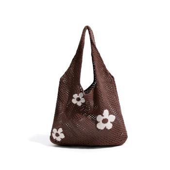 韓國chic簡約鏤空針織包2023新款小花朵手提包購物袋單肩包大容量