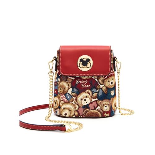 小熊依戀單肩小包包女斜挎包可愛帆布水桶包百搭鏈條包維尼熊女包