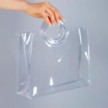透明購物袋中號橫款PVC圓環形水晶手柄塑料袋手拿包手包女包