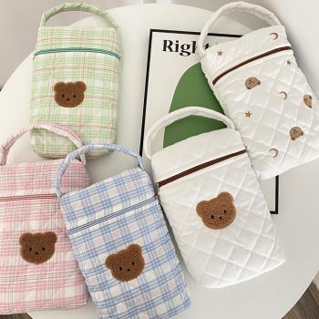 韓國ins多功能嬰兒推車手提媽咪包尿布水杯袋絎縫外出小熊手拎包