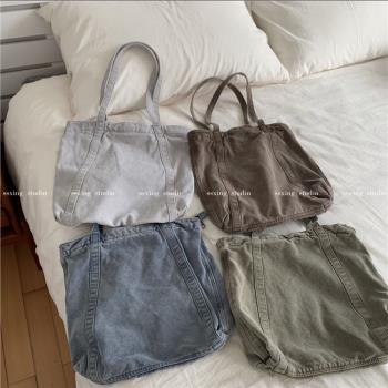 升級版！韓國ins東大門復古水洗帆布包購物袋通勤拉鏈單肩托特包
