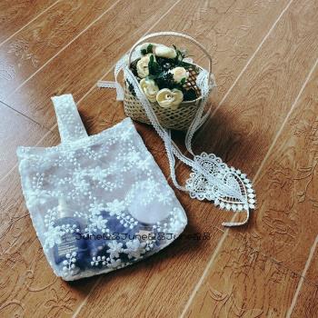 韓式野餐網紗刺繡可愛敞口手提袋