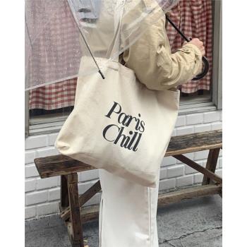 FINEDAY韓國ins新款簡約字母印花帆布包大容量托特包學生布袋女包