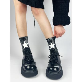 原宿黑白重工做舊襪子五角星膠印花中筒長襪女個性堆堆襪百搭潮襪