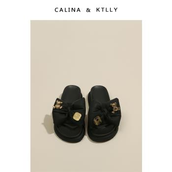 CALINA&KTLLY厚底防滑踩屎感黑色拖鞋女夏季外穿高級感辣妹ins風