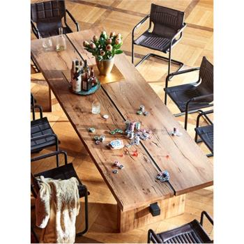 美式鄉村復古實木餐桌工業風會議桌歐式原木辦公桌家用飯桌椅組合