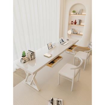 奶油風實木雙人書桌靠墻純白長條桌窄寬40CM陽臺辦公工作臺電腦桌
