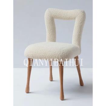 實木網紅款奶油風臥室化妝椅極簡羊羔絨單人梳妝椅凳設計師餐椅
