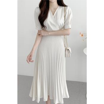 韓國ins泡泡袖v領顯瘦壓褶連衣裙
