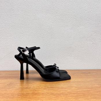 一字帶涼鞋女高跟鞋細跟綢緞水鉆方頭歐美黑色涼鞋氣質小眾設計感