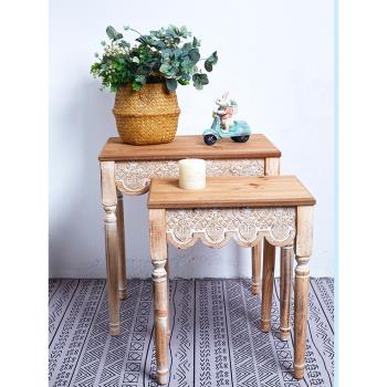 美式復古實木沙發茶幾小桌子客廳陽臺長方形做舊雕花邊幾法式家具